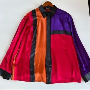100% Silk Vintage Louis Féraud Shirt Blouse Colorblock Size 14